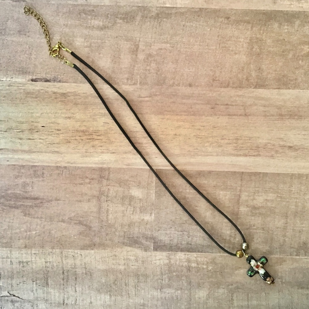 Cloisonné Cross necklace with suede strap